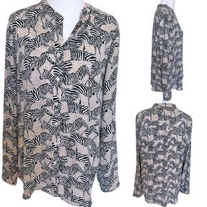 J. Crew Zebra Cheetah Leopard Print Button up Blouse Mandarin Collar Sz Small